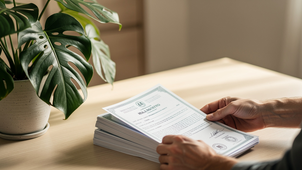 Como escolher corretor de imóveis em Goiânia sem erros 1 Pessoa consultando documentos contratuais de compra imobiliária sobre uma mesa de escritório iluminada.