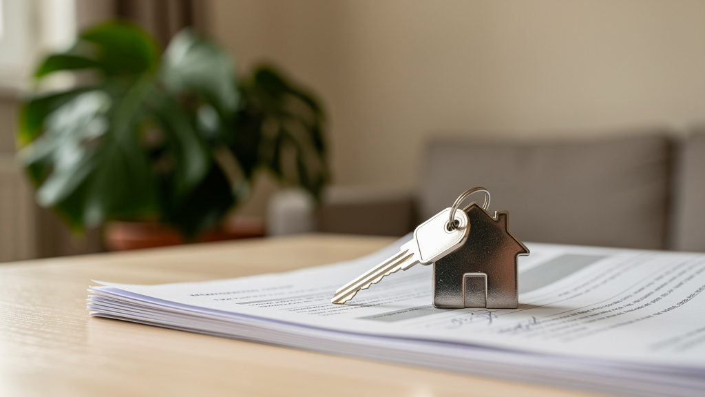 Como funciona o Casa Verde e Amarela para comprar imóvel? 3 Uma chave de metal com chaveiro de casa sobre o contrato de financiamento imobiliário assinado.