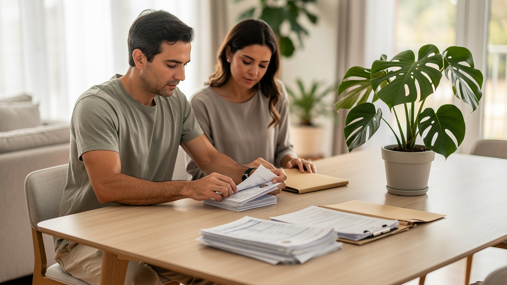 Como compor renda no financiamento imobiliário em Goiânia 1 Casal organizando documentos e comprovantes de renda sobre a mesa para aprovação de crédito imobiliário
