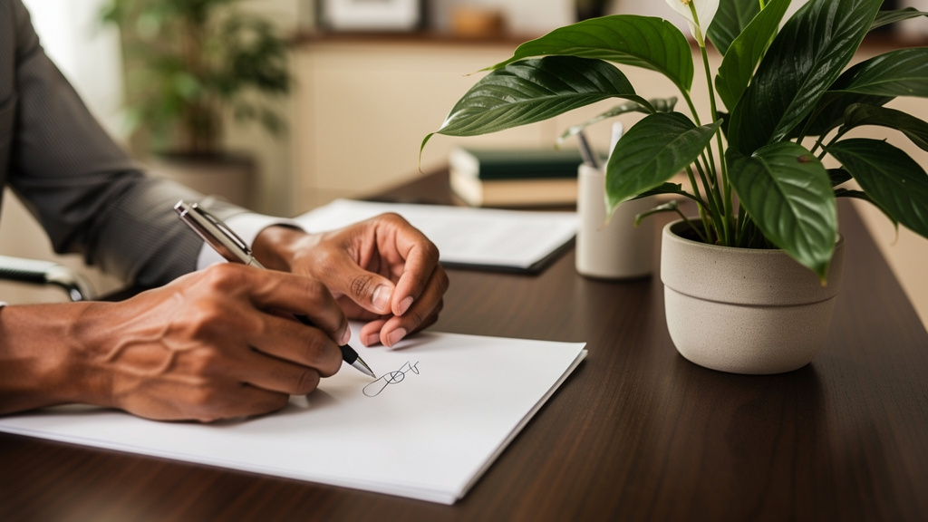 Como compor renda no financiamento imobiliário em Goiânia 2 Documento impresso de contrato habitacional sendo assinado por dois compradores acompanhados por um agente financeiro