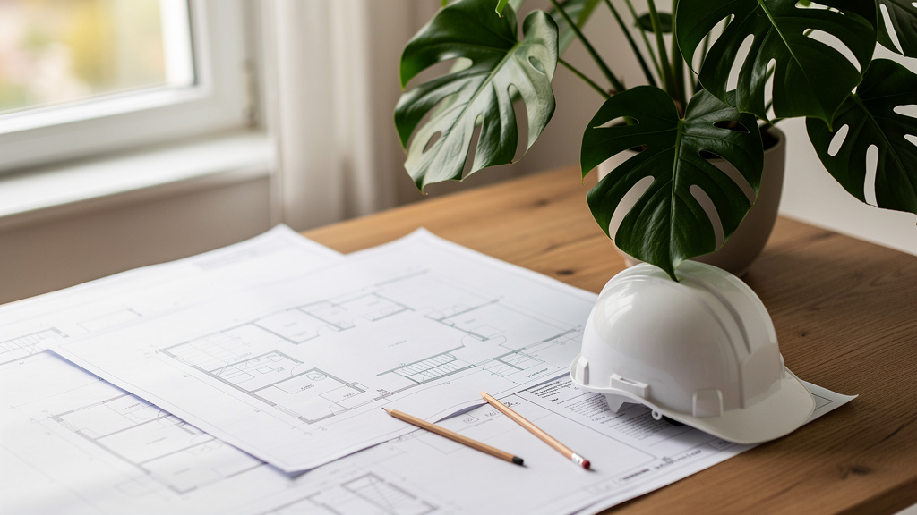 Como investir ao comprar, reformar e vender imóveis 2 Planta baixa e prancha arquitetônica sobre mesa de trabalho ao lado de capacete de obra