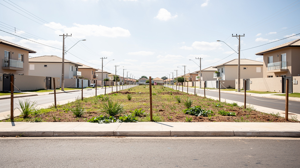 Como comprar terreno para investir avaliando os riscos 1 Terreno urbano demarcado em área de expansão com ruas pavimentadas e postes de energia