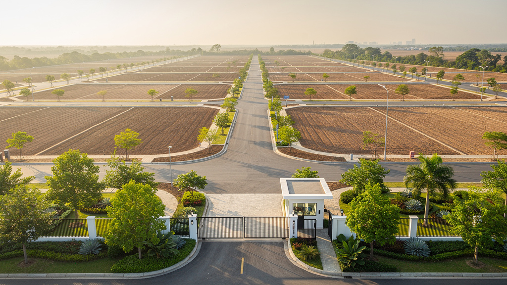 Como comprar terreno para investir avaliando os riscos 3 Vista aérea de condomínio fechado de lotes com portaria de acesso e infraestrutura de lazer concluída
