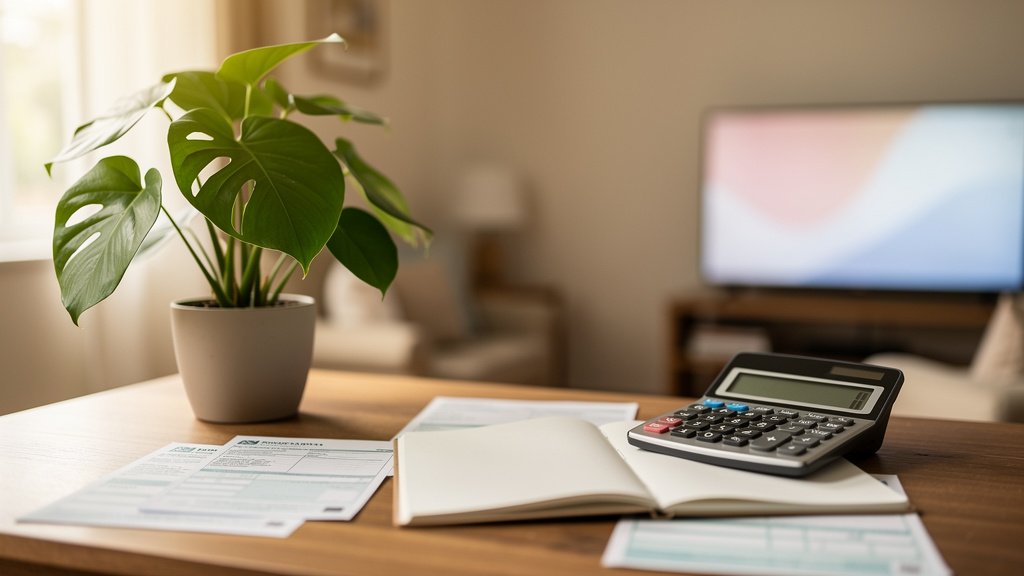Documentos para financiar imóvel que o banco exige 2 Calculadora e guias de pagamento de impostos imobiliários sobre mesa de madeira