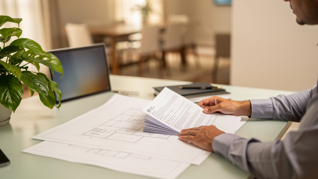 Due diligence imobiliária para investidores e riscos reais 1 Pessoa analisando documentos contratuais de um investimento imobiliário sobre uma mesa de escritório com planta baixa.