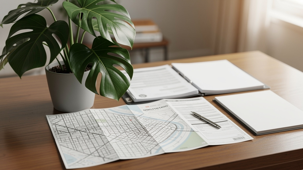 Due diligence imobiliária para investidores e riscos reais 3 Mapa urbano da cidade de Goiânia aberto sobre uma mesa de reuniões ao lado de documentos fiscais.