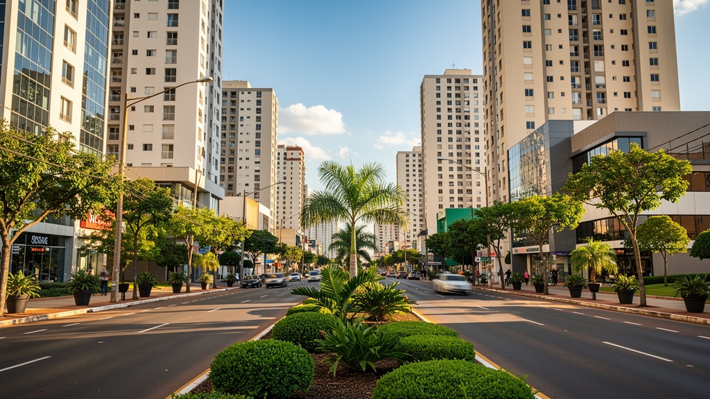 Estratégias de precificação de imóveis para corretores 2 Avenida Jamel Cecílio em Goiânia com edifícios residenciais e comerciais ao fundo