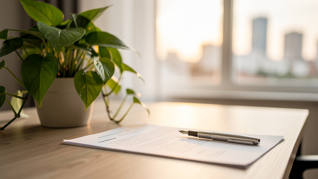 Como conduzir o fechamento de vendas imobiliárias 2 Mesa de trabalho com minuta contratual e caneta para assinatura de compromisso imobiliário