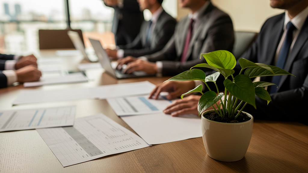 Empresários em sala corporativa analisando balanços e relatórios para contratação de crédito imobiliário.