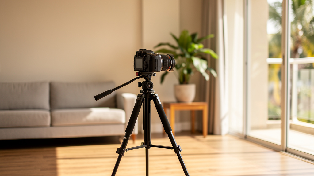 Fotografia imobiliária profissional: regras, custos e etapas 1 Lente grande-angular acoplada a uma câmera em tripé posicionada na sala de um apartamento iluminado