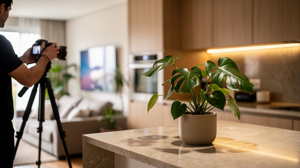 Fotografia imobiliária profissional: regras, custos e etapas 2 Fotógrafo imobiliário ajustando os parâmetros de luz natural na tela do equipamento durante a captação interna