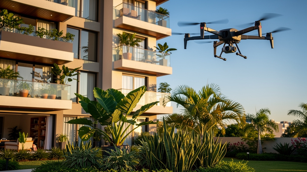 Fotografia imobiliária profissional: regras, custos e etapas 3 Drone de uso comercial pairando no ar em frente à fachada de um condomínio residencial em dia ensolarado