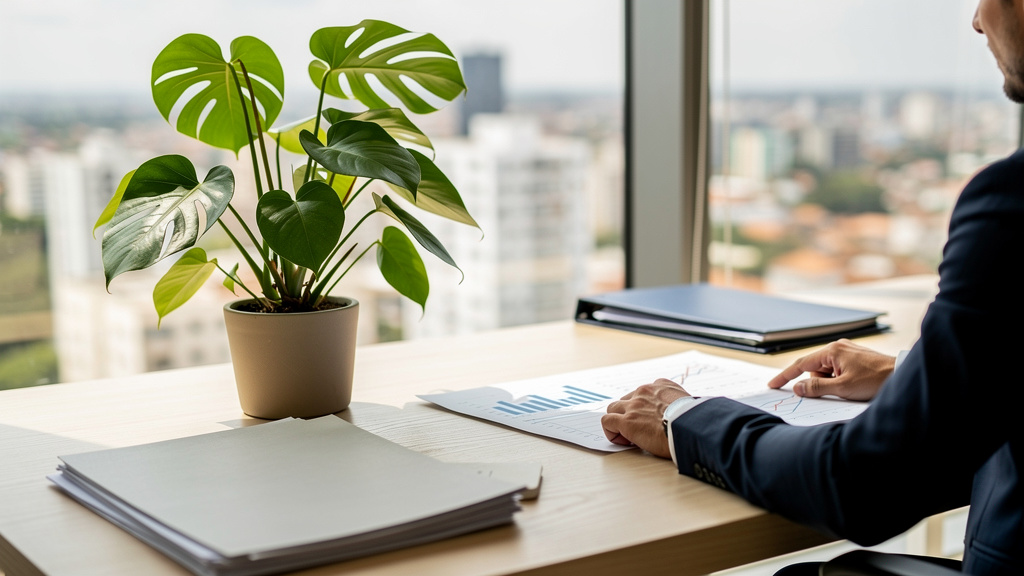 Como investir em imóveis para alugar em Goiânia 1 Investidor analisando planilha financeira e contrato em mesa de escritório com vista urbana
