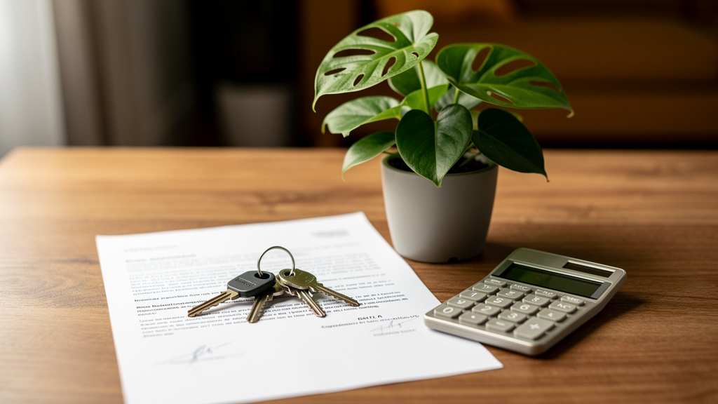 Como investir em imóveis para alugar em Goiânia 2 Chaves de imóvel residencial sobre mesa com contrato impresso e calculadora de custos