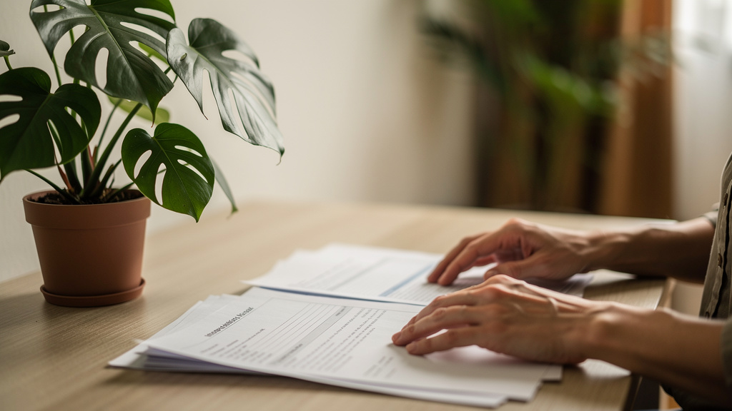 Como funcionam os juros de financiamento imobiliário? 1 Pessoa analisando planilhas financeiras e taxas de crédito imobiliário sobre uma mesa de madeira clara.