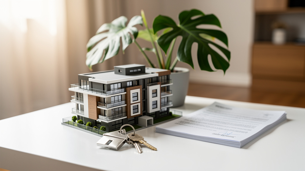 Como funcionam os juros de financiamento imobiliário? 2 Maquete de edifício residencial moderno ao lado de chaves e contrato de financiamento de imóvel.