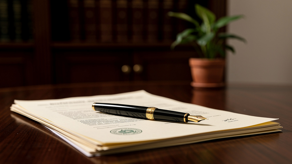 Como lucrar com leilão de imóveis de forma segura 3 Documentos de registro de imóveis e caneta sobre mesa de madeira em escritório de advocacia