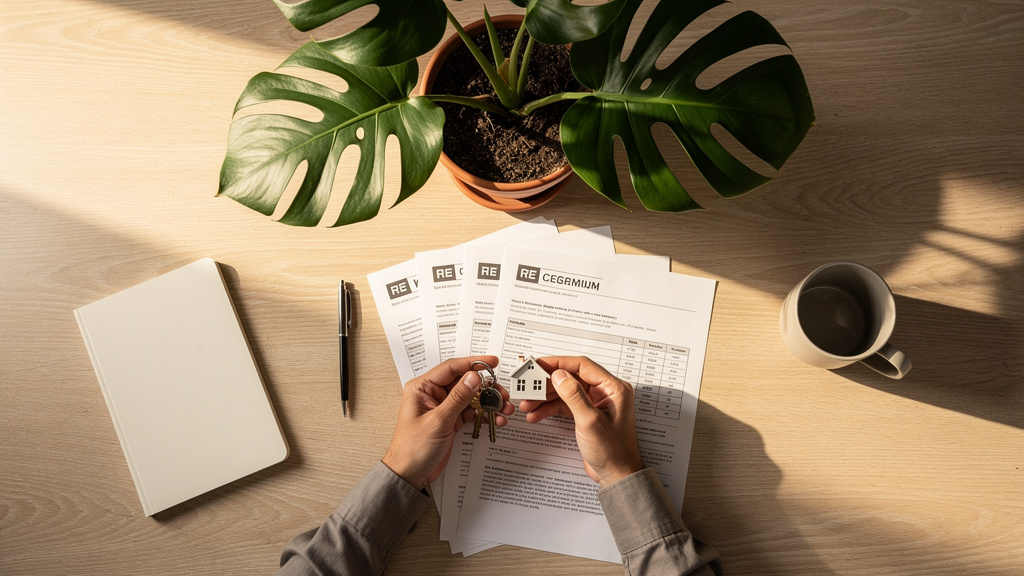 Como pedir a portabilidade de financiamento imobiliário 1 Pessoa segurando chaves da casa e documentos de contrato imobiliário sobre a mesa de atendimento.