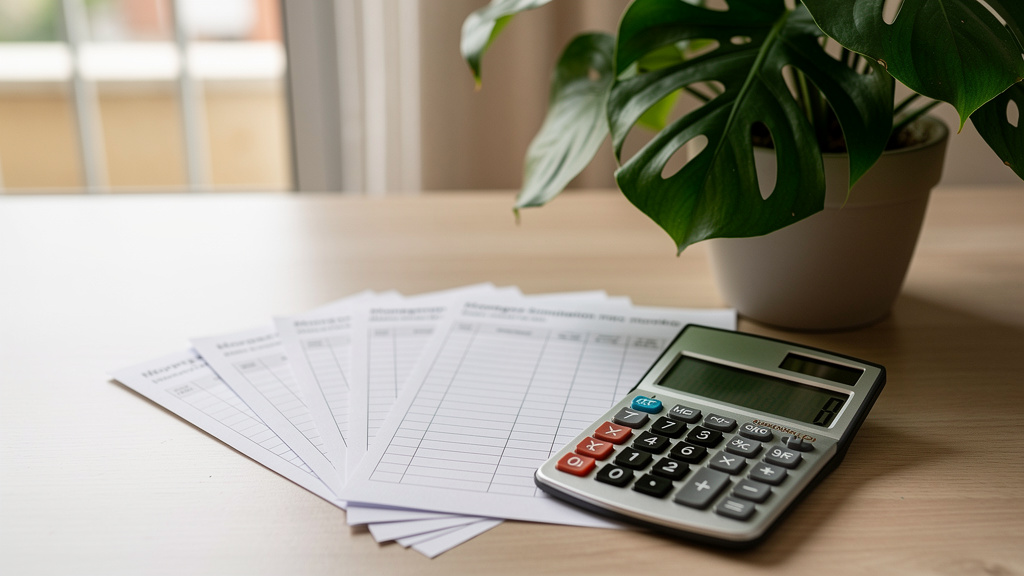 Como pedir a portabilidade de financiamento imobiliário 3 Calculadora e simulador de parcelas de crédito habitacional exibidos em uma mesa de escritório iluminada.