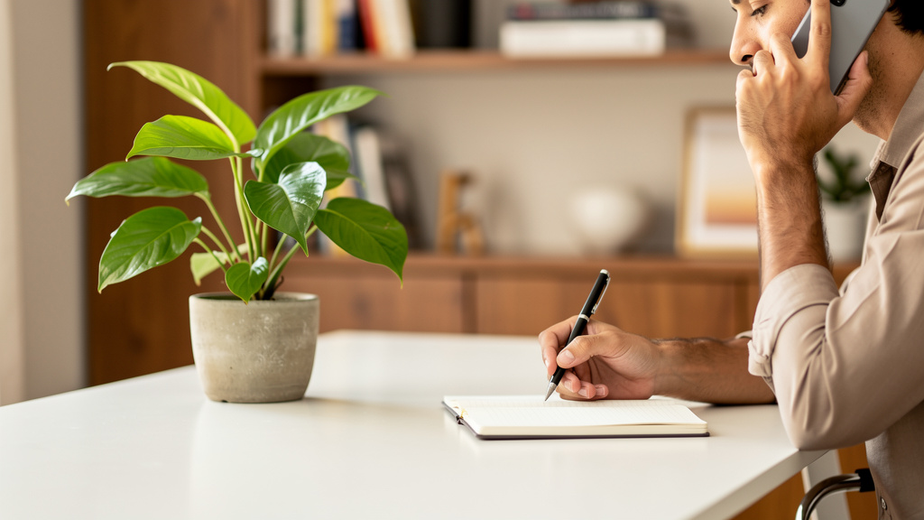 Como estruturar a qualificação de leads imobiliários 2 Profissional do mercado imobiliário utilizando telefone celular e caderno de anotações para atendimento de clientes.