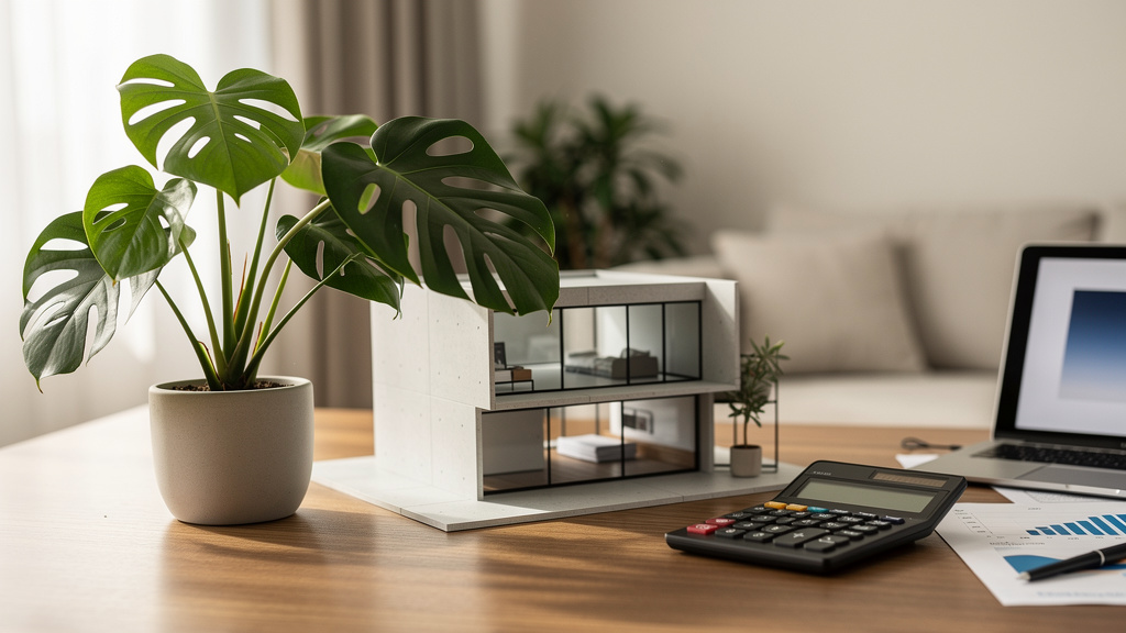 Como funciona o refinanciamento de imóvel para investidores 2 Maquete de casa residencial moderna ao lado de calculadora e gráficos financeiros em escritório.