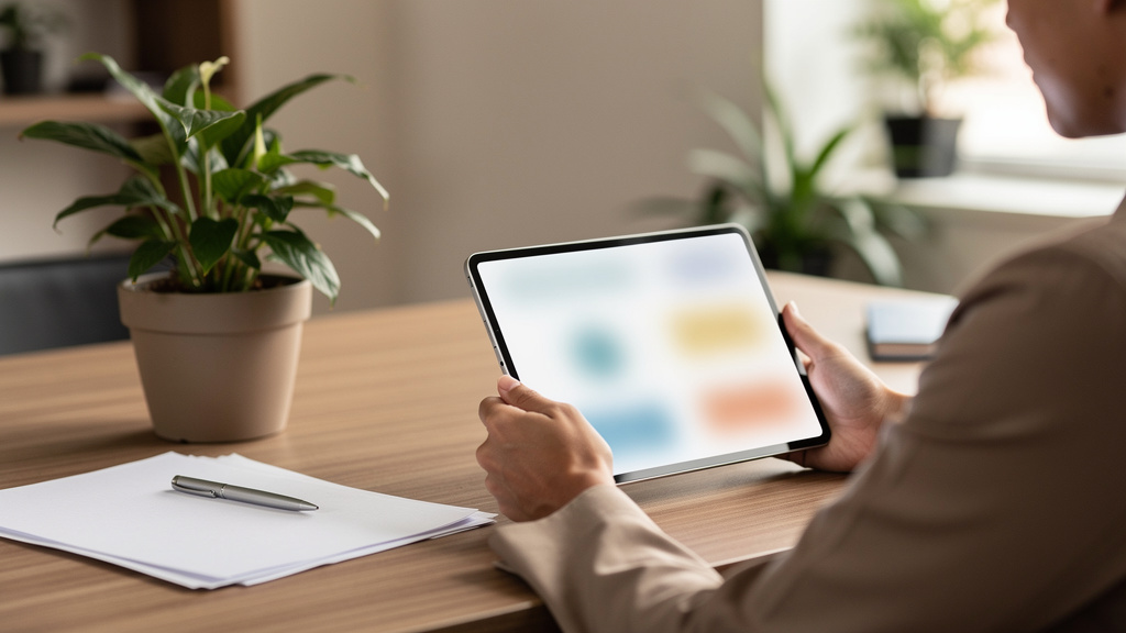 Qual é o score para financiamento imobiliário ideal? 1 Pessoa analisando dados de crédito em um tablet sobre mesa de atendimento imobiliário.