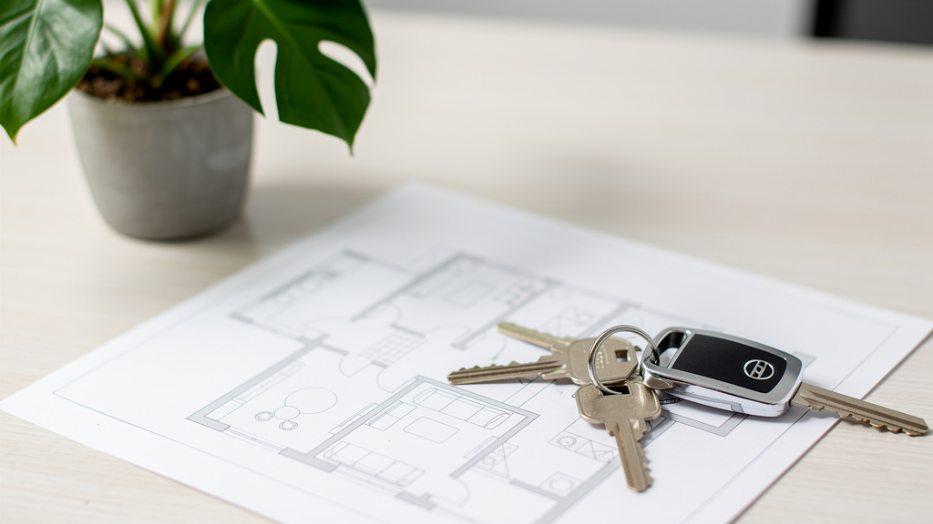 Qual é o score para financiamento imobiliário ideal? 3 Chaves de imóvel repousando sobre planta baixa de apartamento impresso em uma mesa.