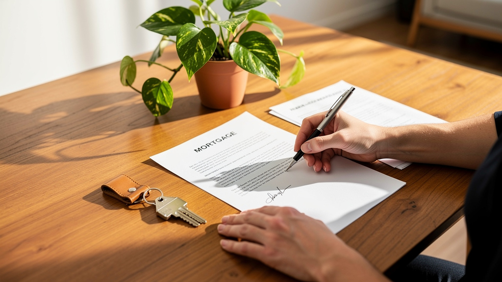 Como funciona o seguro habitacional no financiamento 1 Pessoa assinando contrato de financiamento imobiliário sobre uma mesa com chave e apólice securitária