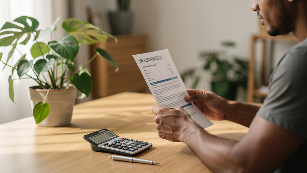 Como funciona o seguro habitacional no financiamento 2 Comprador de imóvel analisando documento impresso de proposta de seguro com calculadora ao lado