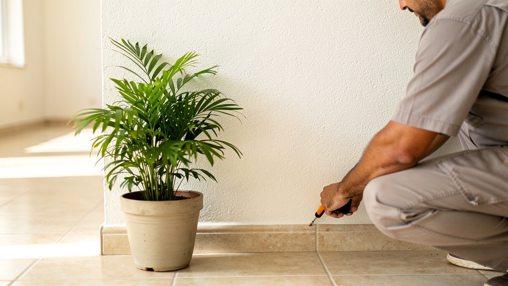 Vistoria de imóvel como funciona quem paga e o que checar 1 Técnico inspecionando revestimento cerâmico e pintura de parede em ambiente residencial desocupado