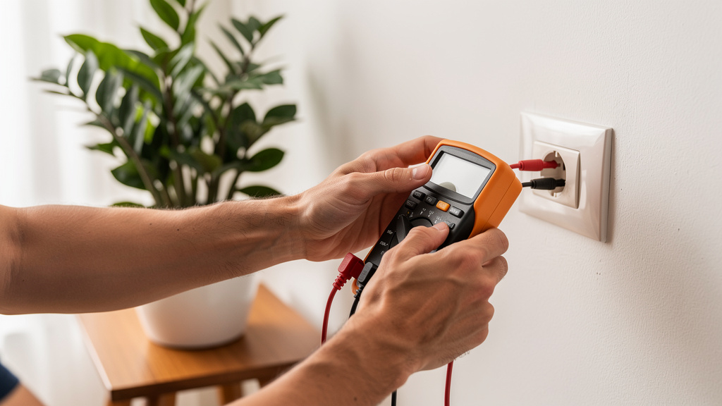 Vistoria de imóvel como funciona quem paga e o que checar 2 Profissional testando tomada com voltímetro digital durante inspeção elétrica em apartamento recém-entregue