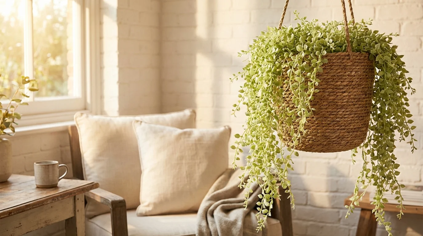 Qual o Melhor Vaso Para Samambaia? 1 Qual o melhor vaso para samambaia verde e cheia ||| Varanda iluminada com luz do sol suave, planta pendente volumosa verde clara em recipiente redondo de palha rústica, parede de tijolinhos brancos ao fundo, estilo de fotografia de interiores acolhedora