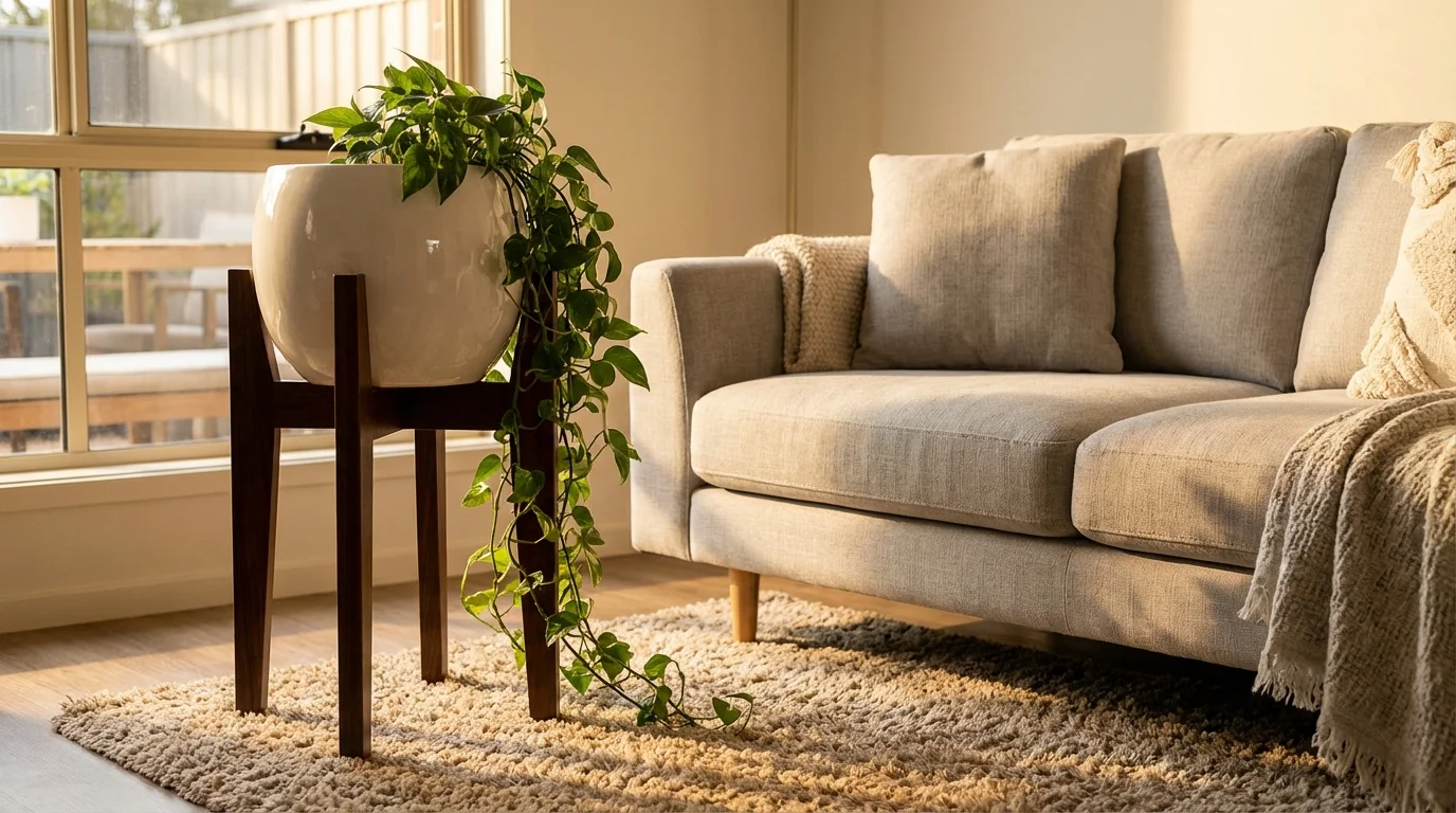 Qual o Melhor Vaso Para Samambaia? 3 Vaso para samambaia em decoração de sala moderna ||| Sala de estar iluminada, suporte de madeira escura com recipiente branco brilhante e folhagens pendentes até o chão, sofá cinza claro ao lado, tapete felpudo bege, luz lateral de fim de tarde