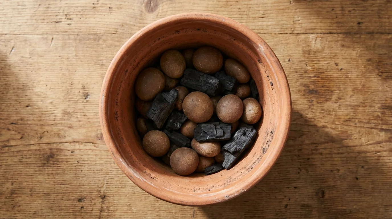 Qual o Melhor Vaso Para Samambaia? 4 Drenagem correta no vaso para samambaia ||| Visão superior de um recipiente de terracota furado no fundo, preenchido com pequenas pedras redondas marrons e alguns pedaços de carvão preto, mesa de madeira rústica, luz natural focada