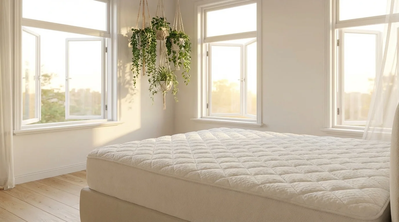 Como Tirar Mancha de Sangue do Colchão Rápido 3 Limpeza de colchão box sujo de sangue ||| Quarto claro e arejado com janelas amplas abertas, cama grande sem lençóis mostrando o tecido acolchoado branco texturizado, ventilação natural, luz do sol suave da tarde, plantas pendentes verdes no canto