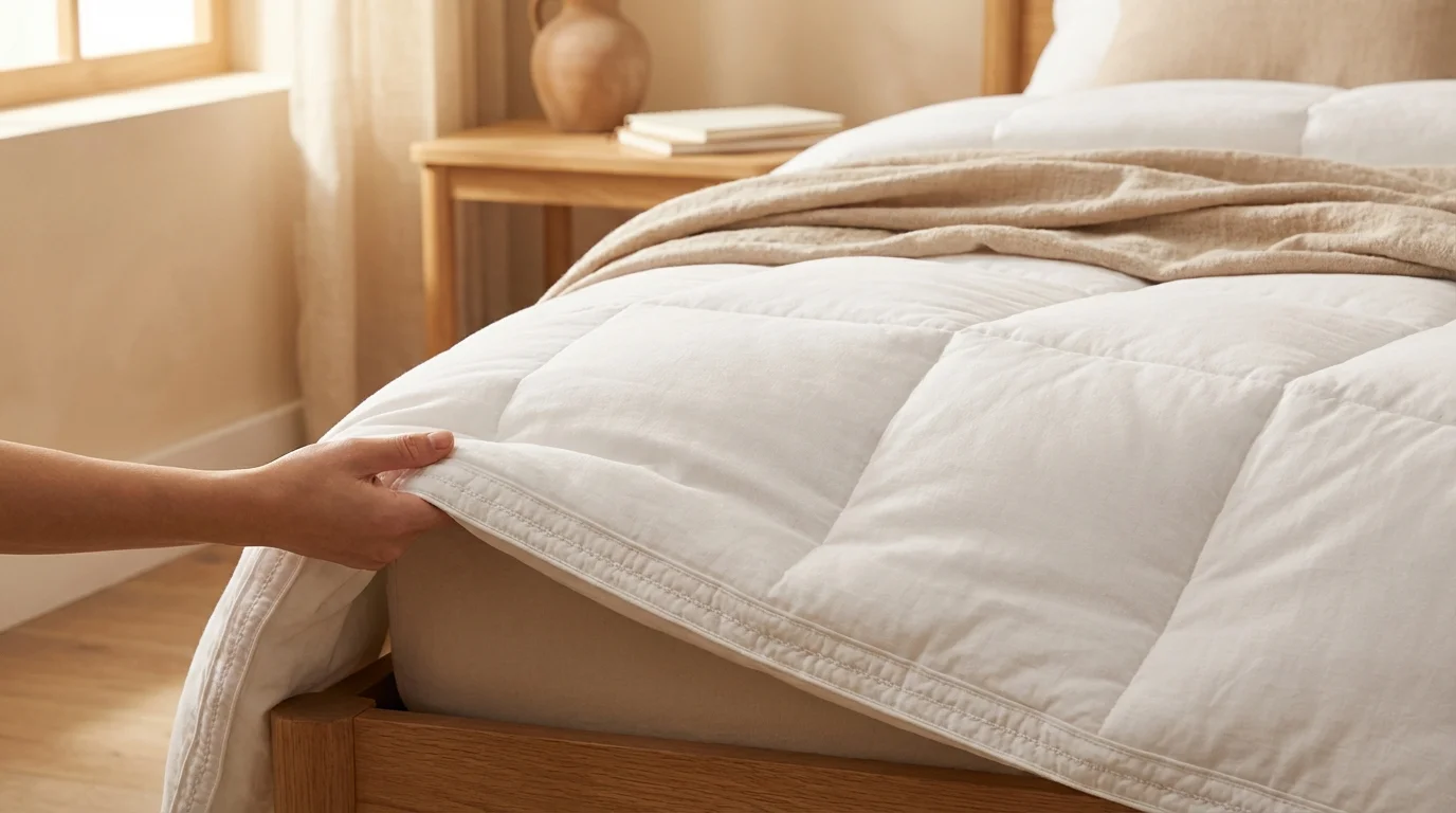 Como Tirar Mancha de Sangue do Colchão Rápido 5 Protetor impermeável para evitar manchas no colchão ||| Detalhe de canto de cama com tecido branco acolchoado e macio sendo esticado sobre a borda, costuras aparentes de alta qualidade, quarto com paleta de cores neutras e beges, iluminação indireta quente