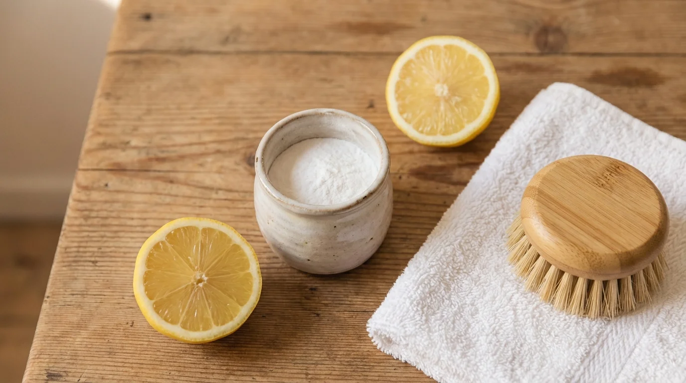 Como Tirar Mancha de Sangue do Colchão Rápido 4 Produtos de limpeza caseira para tirar manchas do colchão ||| Composição vista de cima em superfície de madeira rústica, potinho de cerâmica com pó branco, meio limão, toalha felpuda branca dobrada e escova de cerdas macias de bambu, iluminação aconchegante