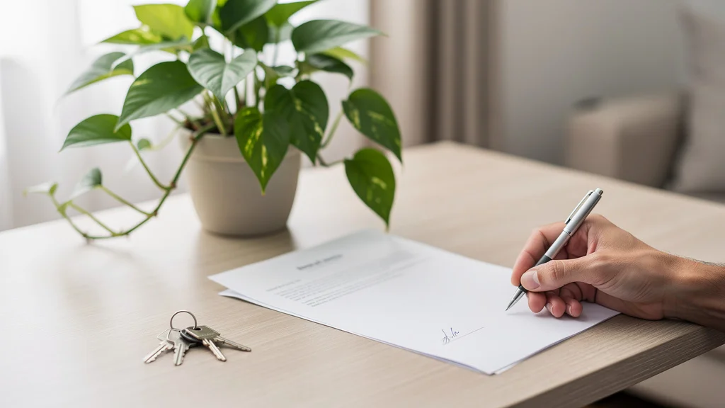 Como calcular a entrada do financiamento de imóvel em Goiânia 1 Mão de comprador assinando contrato de crédito imobiliário sobre mesa com chaves de casa