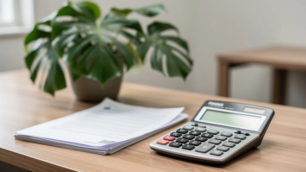 Como calcular a entrada do financiamento de imóvel em Goiânia 3 Calculadora financeira e contrato de aquisição imobiliária sobre mesa de escritório de madeira