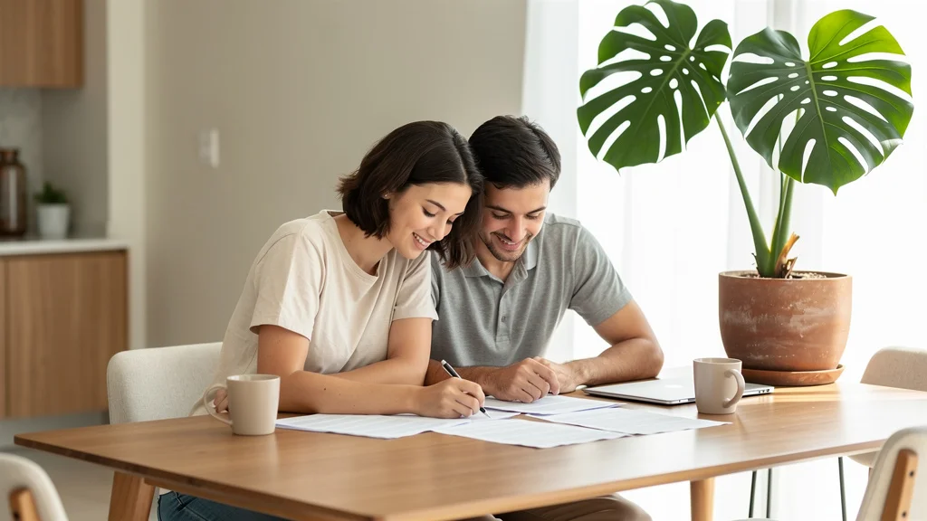 Como funciona o Casa Verde e Amarela para comprar imóvel? 1 Um casal jovem analisa documentos de compra de imóvel sobre a mesa de uma sala iluminada.