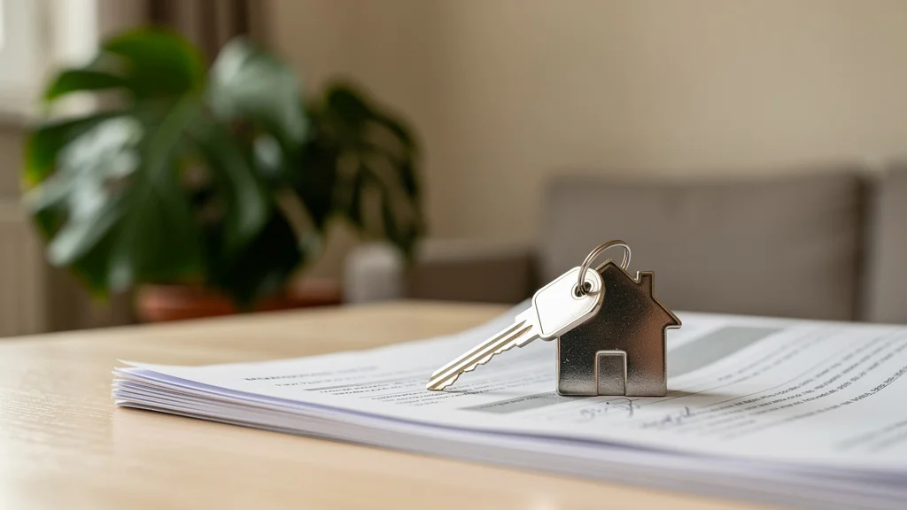 Como funciona o Casa Verde e Amarela para comprar imóvel? 3 Uma chave de metal com chaveiro de casa sobre o contrato de financiamento imobiliário assinado.