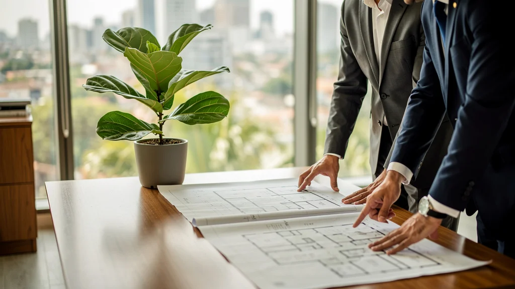 Vale a pena adquirir salas comerciais para investir? 1 Corretor e investidor analisando planta baixa de escritório corporativo moderno em sala com vista urbana