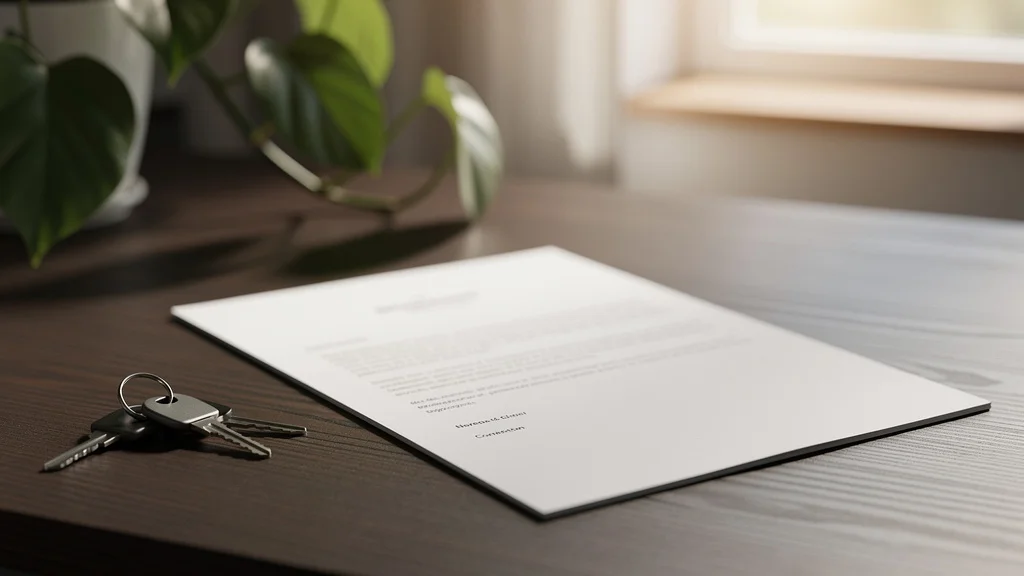 Como vender imóvel alugado com segurança 1 Documento impresso de notificação de preferência sobre mesa de madeira ao lado de chaves imobiliárias