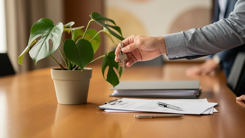 Como vender imóvel alugado com segurança 3 Chaves de imóvel repassadas entre duas pessoas sobre mesa com documentos de registro cartorário